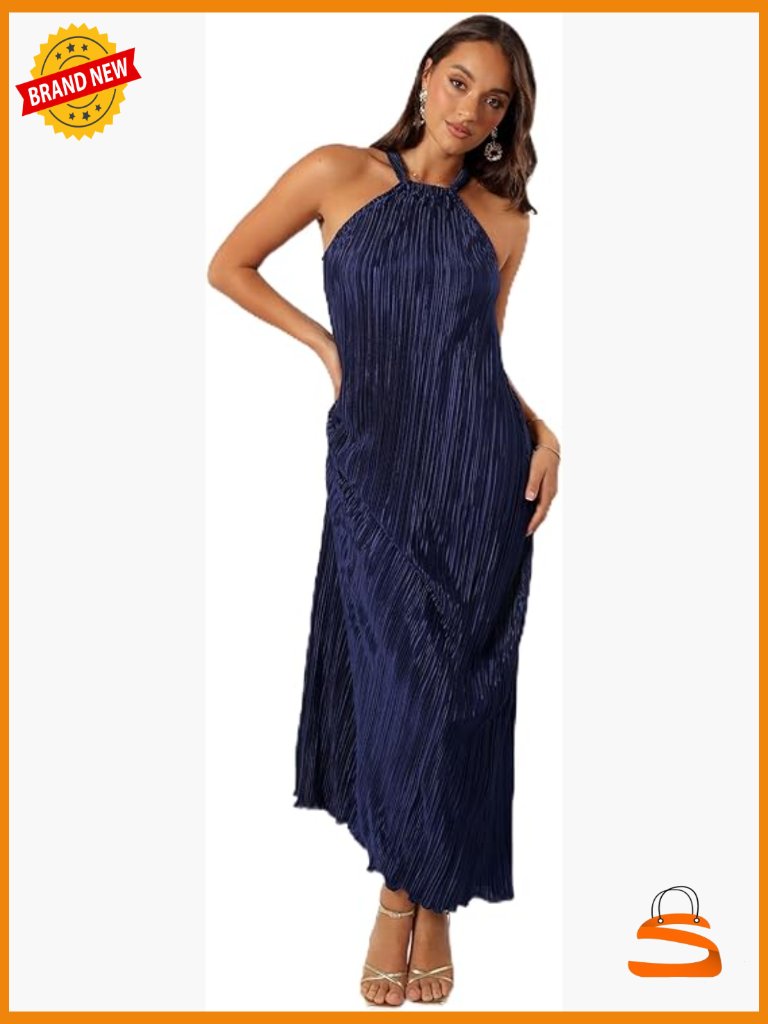 Women's Plisse Halter Maxi Dress Sleeveless A-Line Formal Party